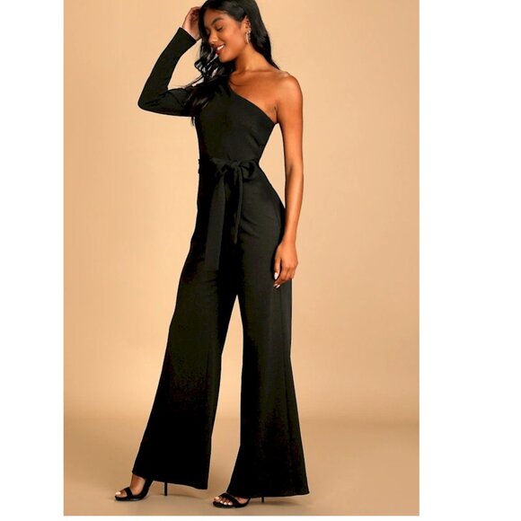 Lulus Peak of Perfection Black One-Shoulder Wide-Leg Jumpsuit Size Large - Picture 1 of 6